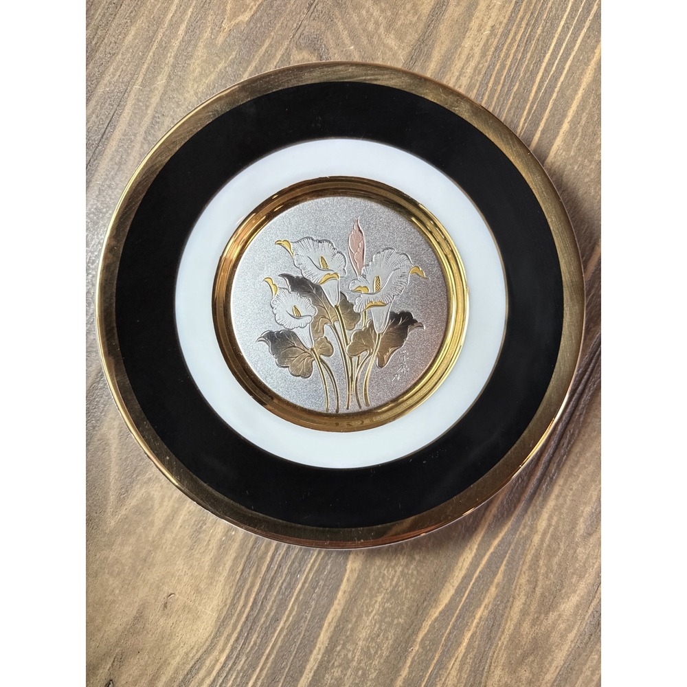 Vintage Art of Chokin Decorative Plate 6.25" 24K Gold Rim Black Calla Lily Japan